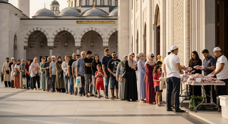 A long, diverse line of people, including men, women, and children, waits outside a large, ornate mosque. At the front of the line, men are distributing packages of meat or food from a table, likely for a religious holiday like Eid al-Adha.の素材