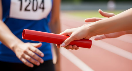 A close-up shot of two athletes' hands during a relay race, as one passes a red baton to the other. The event is taking place on a red running track.の素材