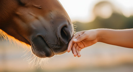 A close-up, tender moment of a child's small hand gently touching the soft muzzle of a brown horse. The background is a warm, sunlit, blurry field, evoking a sense of trust, connection, and friendship between a child and an animal.の素材