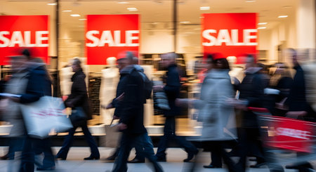 A motion blur photograph of shoppers walking quickly past a store's window display. Bright red 'SALE' signs are prominent in the window, representing retail, shopping, consumerism, and busy city life.の素材