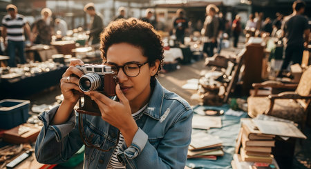 A young woman with curly hair and glasses, wearing a denim jacket, focuses as she takes a picture with a vintage film camera. She is at a busy, sunlit outdoor flea market, surrounded by old books and furniture.の素材