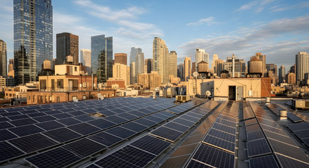 A large installation of solar panels covers the rooftop of a building in a dense city,with a skyline of modern skyscrapers in the background. The scene suggests renewable energy and sustainability in an urban environment.の素材