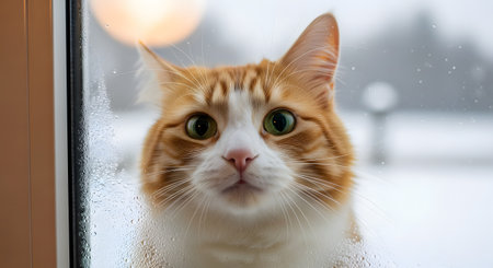 A close-up portrait of a cute orange and white tabby cat with big green eyes. The cat is looking curiously from the outside through a glass window, which is covered in condensation and water droplets, suggesting a cold or rainy day.の素材