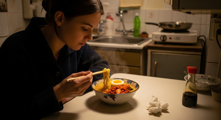 A young woman sits at a table in a dimly lit kitchen, eating a steaming bowl of ramen noodles with chopsticks. The bowl contains an egg and kimchi, and a bottle of soy sauce is on the table.の素材
