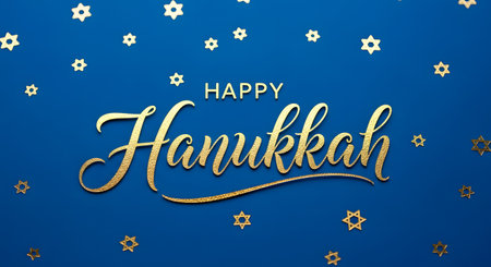 A 'Happy Hanukkah' greeting card design. It features elegant, gold, glittering script text on a rich blue background, decorated with small, scattered gold Star of David symbols.の素材