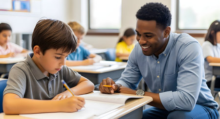 A smiling Black male teacher leans over to help a young male student with his work at his desk. The student is writing in a workbook, and other children are visible in the background of the bright classroom.の素材
