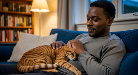 A man gently pets a sleeping orange tabby cat that is curled up on his chest. They are relaxing on a blue sofa in a cozy living room, with a bookshelf visible in the background.の素材