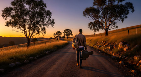 A man viewed from behind, wearing a backpack and carrying a guitar case, walks down a long dirt road in the rural countryside. The scene is bathed in the warm, golden light of sunset, evoking a sense of journey, music, and freedom.の素材