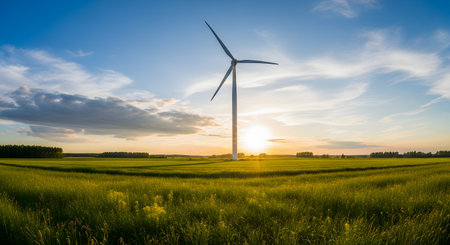 A single, tall wind turbine stands in a vast field of yellow flowers at sunset. The sun is low on the horizon, casting a warm glow over the landscape, symbolizing renewable energy and sustainability.の素材