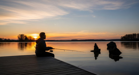 A serene scene shows the silhouette of a man sitting on a wooden dock,fishing in a calm lake. The beautiful orange and yellow sunset is reflected in the still water,creating a peaceful,tranquil atmosphere.の素材