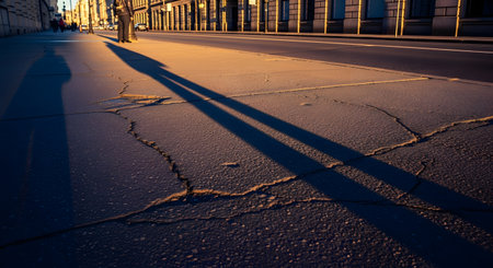 A long, dramatic shadow of a person is cast across a cracked, sunlit city sidewalk during sunrise or sunset. The golden hour light creates high contrast, with buildings lining the street in the background.の素材