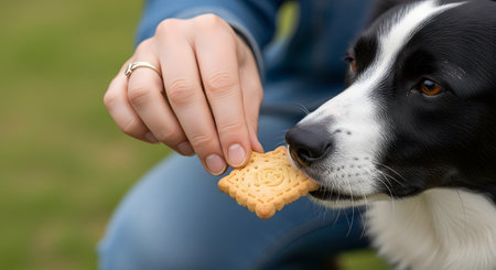 A close-up of a person's hand gently feeding a square-shaped biscuit (treat) to a black and white border collie dog. The dog is attentively taking the treat from the hand outdoors.の素材