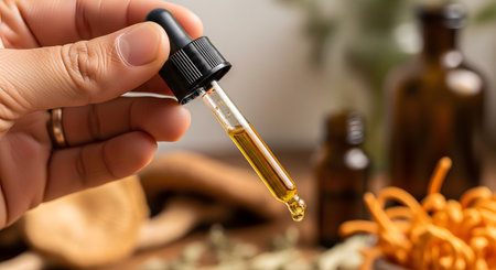 A close-up of a hand holding a glass dropper filled with a golden-yellow oil, likely CBD oil, a tincture, or an essential oil. The background is blurred but shows amber bottles and dried herbs or mushrooms (like cordyceps).の素材