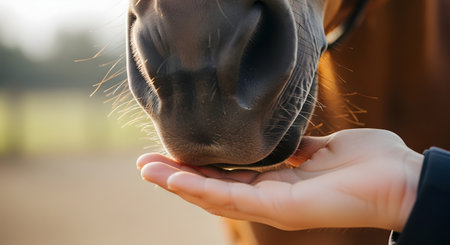 A gentle close-up of a brown horse's muzzle and whiskers as it eats a treat from a person's outstretched palm. The image captures a moment of trust and connection between a human and an animal. The background is a soft, blurred outdoor setting.の素材