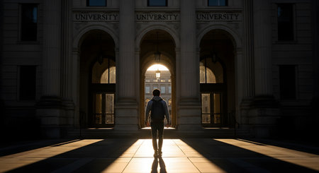 A student seen from behind, wearing a backpack, walks towards the grand, arched entrance of a university building. The early morning sun casts long, dramatic shadows and creates a bright, hopeful glow in the doorway, symbolizing the start of a journey or a new day.の素材