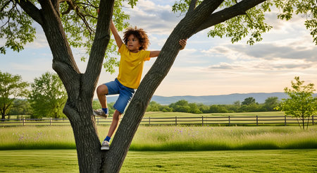 A young boy with curly hair, wearing a yellow shirt and shorts, is happily climbing a large tree. He is in a green field, with a fence and rolling countryside visible in the background under a sunny sky.の素材