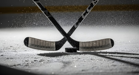 A dramatic close-up of two hockey sticks crossed over a puck on an ice rink. Ice shavings are captured in mid-air, spraying from the impact or movement, with a yellow line in the background.の素材