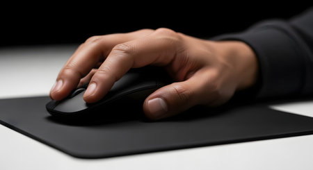 A close-up shot of a dark-skinned person's hand resting on a sleek, black wireless computer mouse. The hand is positioned on a black mousepad, and the person is about to click or scroll. The background is dark, highlighting the hand and technology.の素材