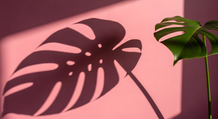 A single, green monstera plant leaf is shown against a pink wall, illuminated by direct sunlight. The leaf casts a large, distinct shadow, creating a trendy, minimalist, and tropical aesthetic. The strong light and shadow play create a modern, graphic composition.の素材