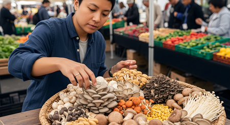 A person shops at an outdoor farmers market, carefully selecting from a large woven basket filled with a variety of fresh, gourmet mushrooms. The background is blurred with other market stalls and customers.の素材