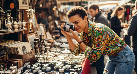 A stylish young Black woman with short hair, wearing a colorful patterned shirt, smiles as she takes a picture with a vintage film camera. She is at an outdoor flea market, surrounded by antique cameras, records, and other curiosities.の素材