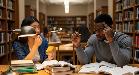 Two university students,an Asian woman and a Black man,are studying together at a desk in a large library. The man looks pensive and is explaining something,while the woman looks on with a slightly worried or confused expression,surrounded by books.の素材