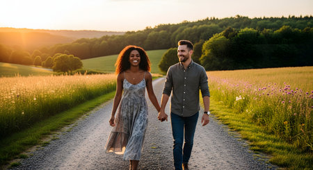 A happy interracial couple, a Black woman and a White man, walk hand-in-hand down a gravel road in a beautiful countryside setting at sunset. The woman is smiling at the man as they walk through a field, bathed in warm golden light. The image represents love, romance, and togetherness.の素材
