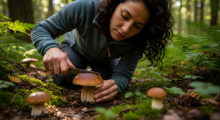 A woman kneels on the forest floor, carefully cutting the stem of a large porcini mushroom with a knife. She is focused on foraging, surrounded by green ferns and moss in a sunlit woodland.の素材