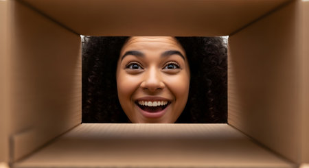 A close-up shot from inside a cardboard box, looking out at a woman's happy and surprised face. She has curly hair and a wide, excited smile as she peeks into the package, representing concepts of delivery, gifts, and pleasant surprises.の素材