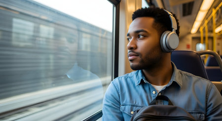 A young Black man with headphones on, looking thoughtfully out the window of a moving train or bus. His reflection is visible in the window, and he is carrying a backpack.の素材
