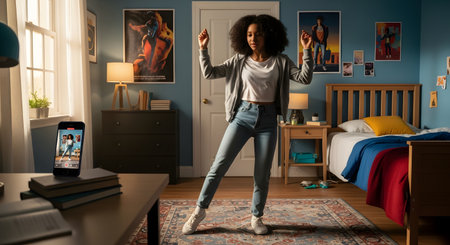 A young Black woman is dancing in her bedroom while recording a video on her smartphone, which is propped up on a desk. Her room is decorated with posters, and she is smiling as she moves.の素材