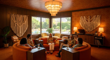 A group of five people, dressed in 1970s-style clothing, relax and socialize in a retro-themed living room. They are sitting on a large, curved orange sofa in a wood-paneled room with shag carpeting. The room is decorated with macrame wall hangings, capturing a vintage, nostalgic vibe.の素材