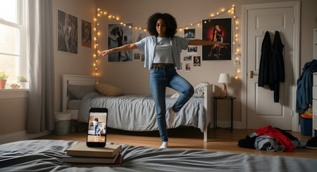 A young woman with curly hair dances in her bedroom, balancing on one leg with her arms outstretched. She is recording herself with a smartphone propped up on books. Her room is decorated with posters and string lights.の素材