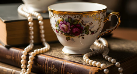 An elegant still life composition featuring a vintage porcelain teacup with a floral pattern and gold rim,resting on a stack of old,leather-bound books. A string of white pearls is draped across the books and cup,evoking a sense of nostalgia and classic luxury.の素材