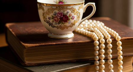 A vintage scene showing an ornate, floral-patterned teacup with gold trim resting on a stack of old, leather-bound books. A string of pearls is draped over the top book, evoking a sense of nostalgia, elegance, and classic literature.の素材