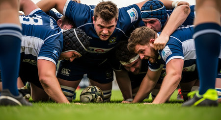 A close-up, low-angle shot of two rugby teams locked in a scrum. The players are pushing against each other with intense expressions, focusing on the rugby ball on the grass, embodying teamwork, strength, and competition.の素材