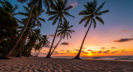 A stunning tropical beach sunset with a vibrant orange and yellow sky. Silhouettes of tall palm trees line the sandy beach, and the sun is setting over the calm ocean, creating a peaceful and idyllic paradise scene.の素材