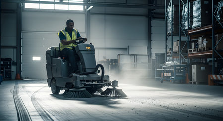 A worker in a safety vest operates a ride-on floor sweeping machine in a large,industrial warehouse. The machine's brushes are kicking up dust as it cleans the concrete floor,with storage racks and pallets in the background.の素材