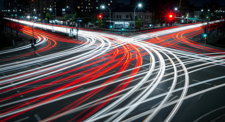 A long exposure, high-angle night shot of a busy city intersection, capturing the motion of car headlights and taillights as red and white light trails. The surrounding buildings are illuminated, and traffic lights are visible, symbolizing urban life, speed, and energy.の素材