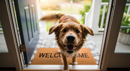 A happy friendly dog with a wagging tail stands in an open front doorway on a WELCOME" mat looking eagerly at the camera. The dog is greeting its owner or a visitor with a blurred sunny yard in the background."の素材