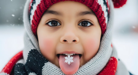 A close-up portrait of a cute child wearing a red and white winter hat and scarf, catching a perfect snowflake on their tongue. The child has big brown eyes and rosy cheeks, with a blurred snowy background.の素材