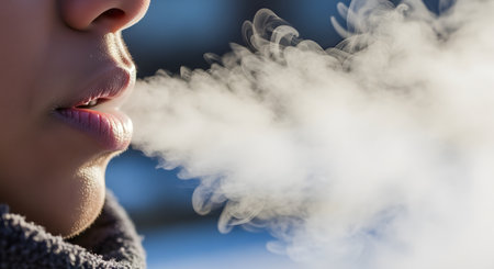 An extreme close-up shot of a person's mouth and lips exhaling in cold weather. A thick, white plume of condensed breath (vapor) is visibly streaming from their mouth into the cold air.の素材