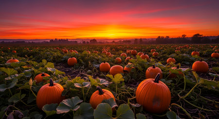 A vibrant sunset casts a warm orange and red glow over a large pumpkin patch. Countless ripe, orange pumpkins rest on the ground amidst green vines, stretching into the horizon. The dramatic sky signals the peak of the autumn or Halloween season.の素材