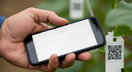 Close-up of a person's hand holding a smartphone with a blank white screen, appearing to scan a QR code on a white tag attached to a plant. This image represents smart farming, agritech, and product traceability.の素材