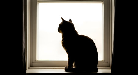 A silhouette of a cat sitting on a windowsill, looking out of a bright, frosted window. The cat's form is dark and defined against the bright white light. Dark curtains frame the scene on either side, creating a quiet and contemplative mood.の素材