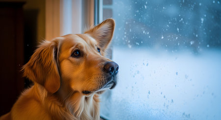 A golden retriever dog looks wistfully out a window as snow falls outside. The dog's ear is perked up, and its face is seen in profile, capturing a moment of curiosity or longing during a cold winter day.の素材