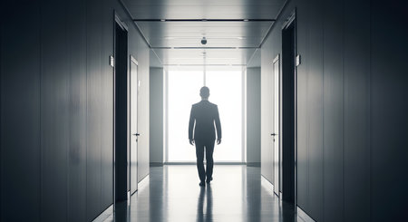 A silhouette of a businessman in a suit stands in a dark, modern office hallway, facing a bright window at the end. The image conveys concepts of future, success, or decision-making.の素材