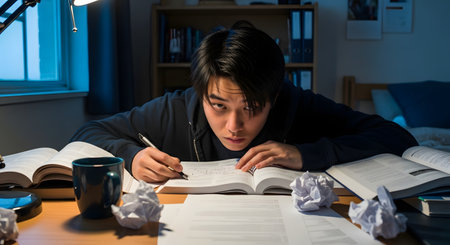 A tired but focused young male student studies late into the night at a cluttered desk. Illuminated by a single lamp, he writes in a textbook, surrounded by crumpled papers, showing dedication and stress before exams.の素材