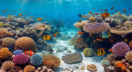 A vibrant and colorful underwater scene of a healthy coral reef teeming with life. A sea turtle and a stingray swim among various tropical fish, including clownfish and angelfish, with sunlight filtering through the clear blue water.の素材
