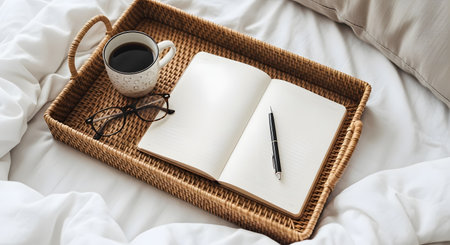 A wicker tray rests on a white, wrinkled bed sheet. On the tray is a cup of black coffee, an open blank notebook, a black pen, and a pair of eyeglasses. This cozy scene suggests journaling, planning, or relaxing in the morning.の素材